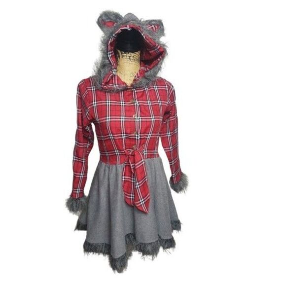 Girls Werewolf Costume Dress Hooded Red Plaid & Grey With Faux Fur Trim Tail Lg - Picture 6 of 9